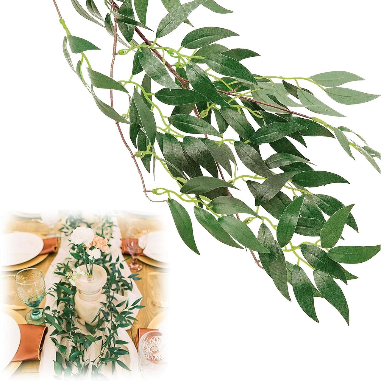 3 Pack (16.8ft) Artificial Willow Leaves Vines Twigs- Fake Silk Hanging Willow Plant Greenery Garland String for Indoor Wedding Party Crowns Wreath Decor, Outdoor Wall Garden Decoration